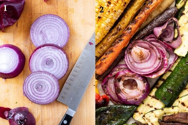 Collage of grilled red onion before and after grilling