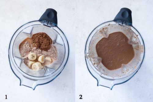 chocolate banana protein smoothie before and after blending