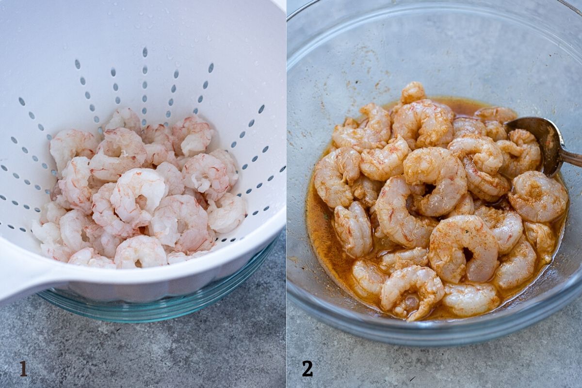 thawed shrimp and marinating shrimp process collage