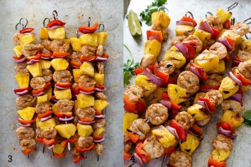 jerk pineapple shrimp skewers before and after grilling collage