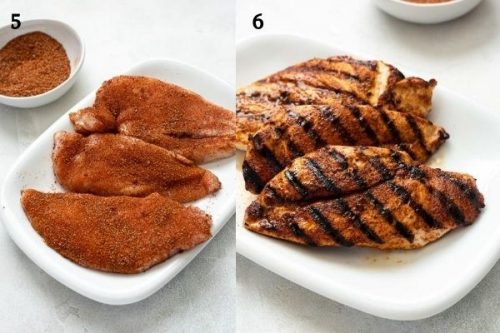 BBQ rubbed chicken breast before and after cooking