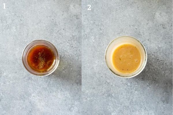 Dijon vinaigrette before and after blending