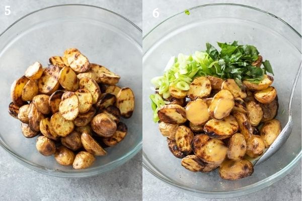 Grilled potato salad before and after adding ingredients