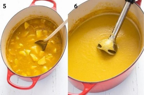 summer squash soup before and after pureeing