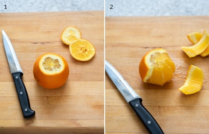 removing the peel from the top, bottom and sides of orange
