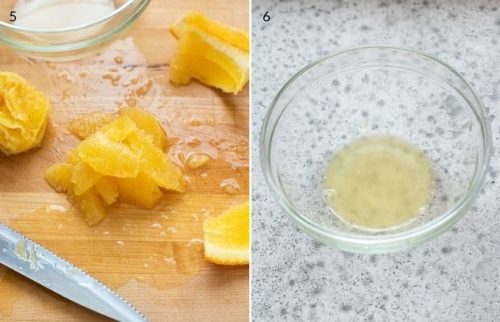 Segmented oranges and orange juice in a bowl