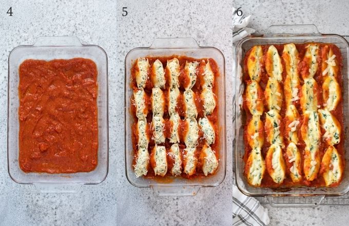 How to assemble spinach ricotta stuffed shells collage