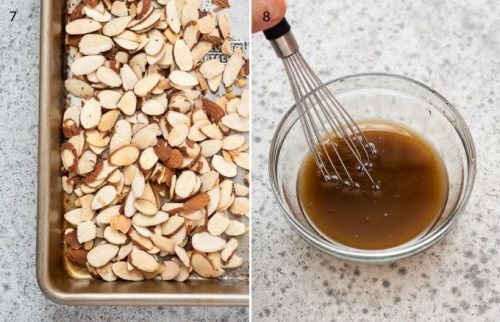 Toasted sliced almonds and asian dressing in a bowl