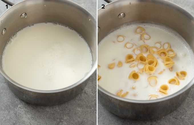 Collage with boiled milk and pasta for mac and cheese