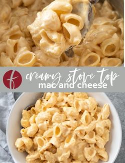 Creamy stove top mac and cheese collage pin