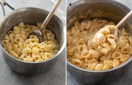 Collage with pasta in pot before and after adding cheese
