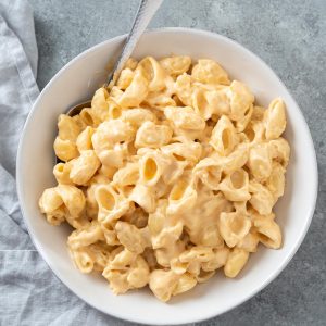 Stove top mac and cheese in a white bowl