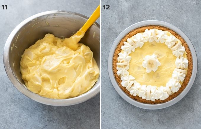 Add bananas to pastry cream and decorated banana cream pie collage