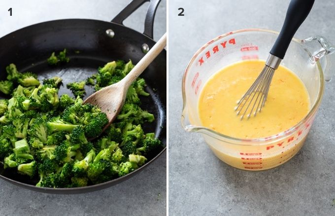 Cooked broccoli and egg mixture for crustless quiche collage