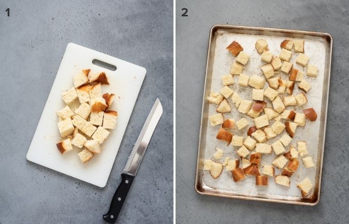 Bread cubes before and after toasting for french toast casserole