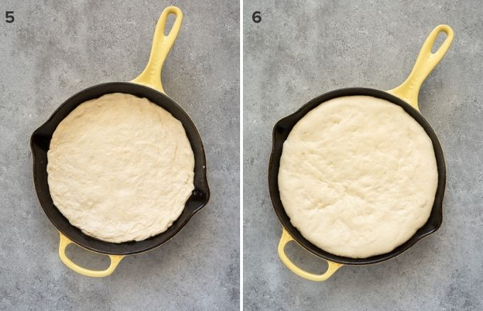 Collage of focaccia pizza dough before and after rising