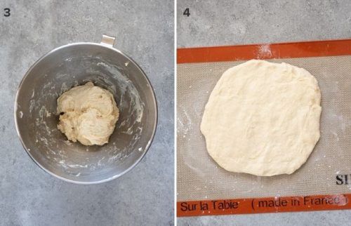 Collage of focaccia pizza dough in bowl and on floured surface