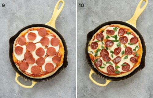 Focaccia bread pizza with toppings before and after baking