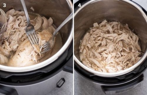Two forks shredding chicken and shredded chicken in instant pot collage