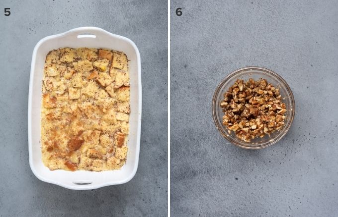 Overnight french toast casserole before and soaking and streusel collage