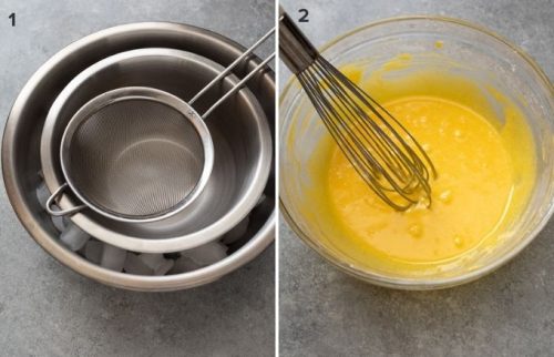 Collage of pastry cream prep and whisked egg yolk and sugar mixture