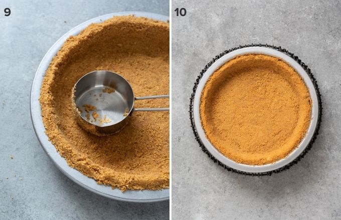 Pressing graham cracker crust into pan and baked crust collage