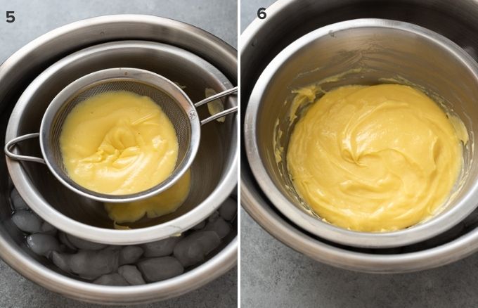 Straining pastry cream through sieve and chilling in bowl over ice bath