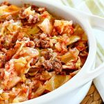 A white dish of cabbage roll casserole.