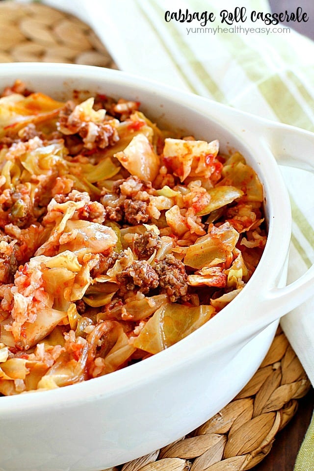 A white dish of cabbage roll casserole.