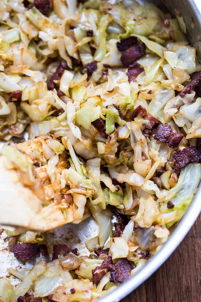 Overhead view of caramelized cabbage and bacon.