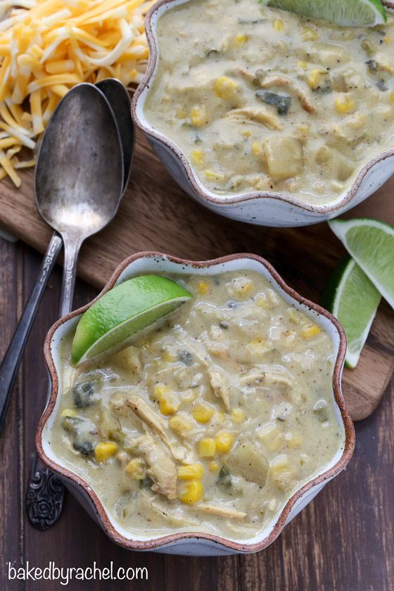 Two bowls of slow cooker poblano soup.