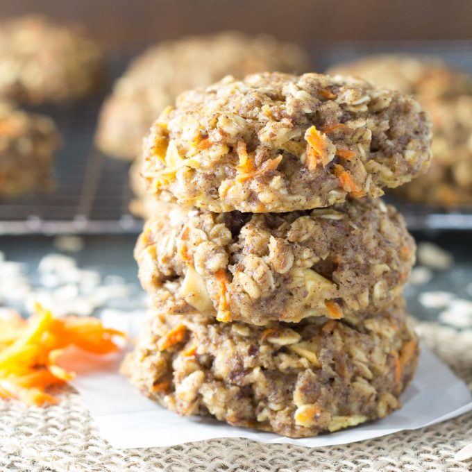 A stack of three carrot cake breakfast cookies.