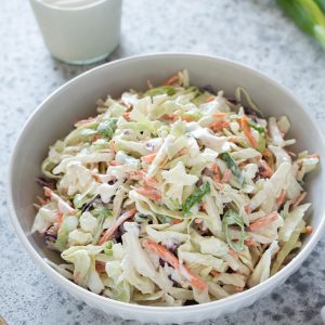 Classic coleslaw in a white bowl