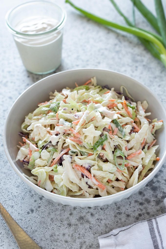 Classic coleslaw in a white bowl