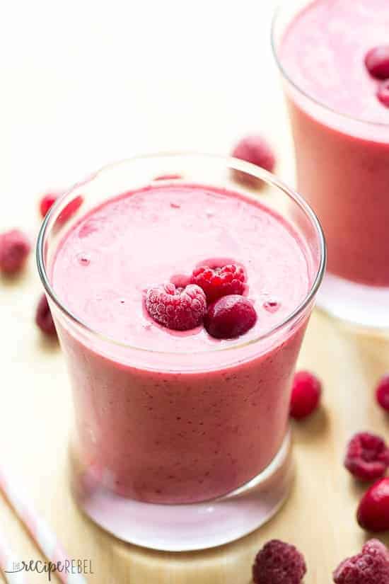A glass of cranberry raspberry smoothie.