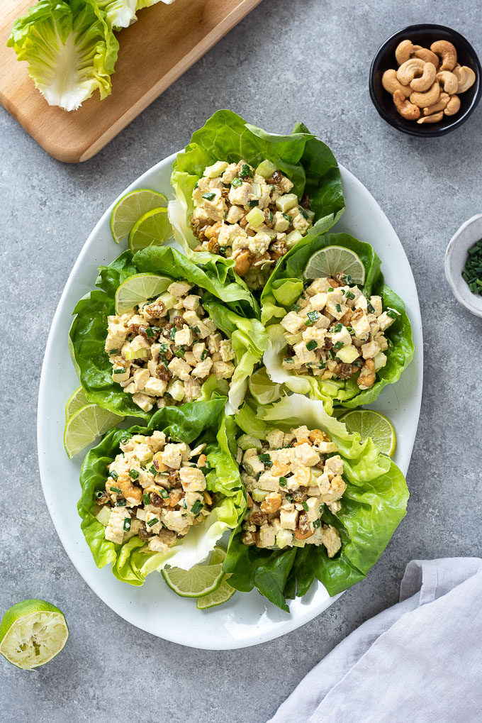 Curry chicken salad lettuce wraps on a platter