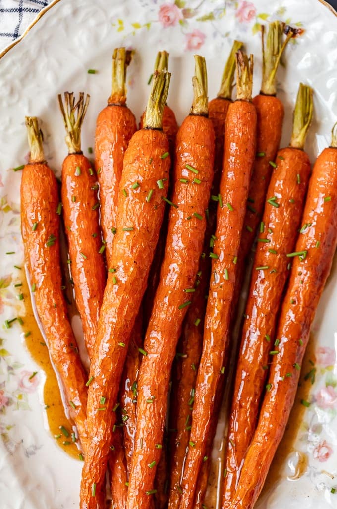 Overhead view of honey glazed carrots on a serving platter.