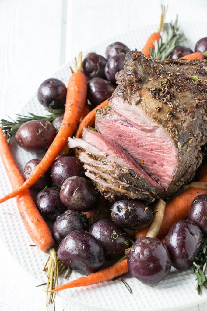 Slow roasted lamb with carrots and potatoes.