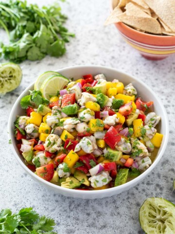 Bowl of shrimp ceviche with lime and cilantro