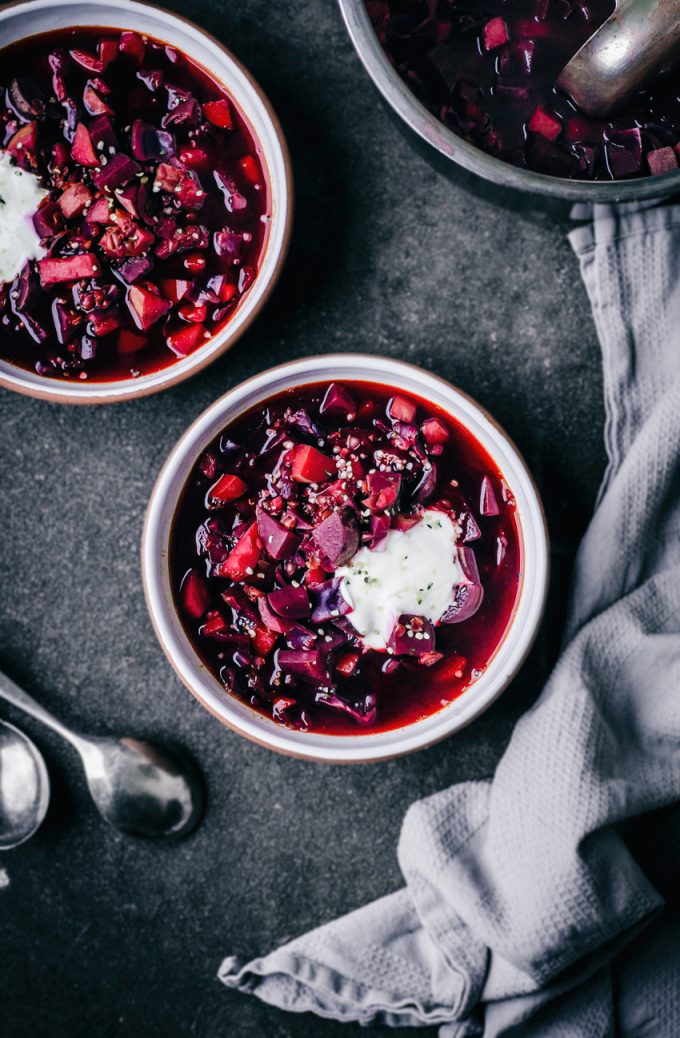 Overhead view of two bowls of borscht.