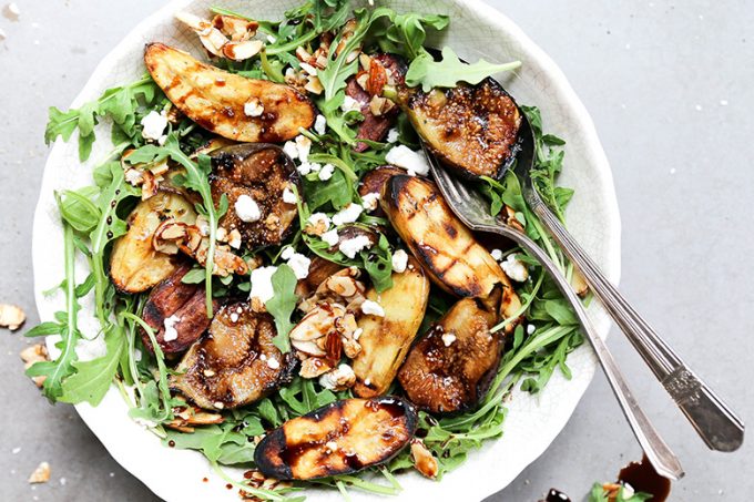 Grilled fig potato salad on a white plate