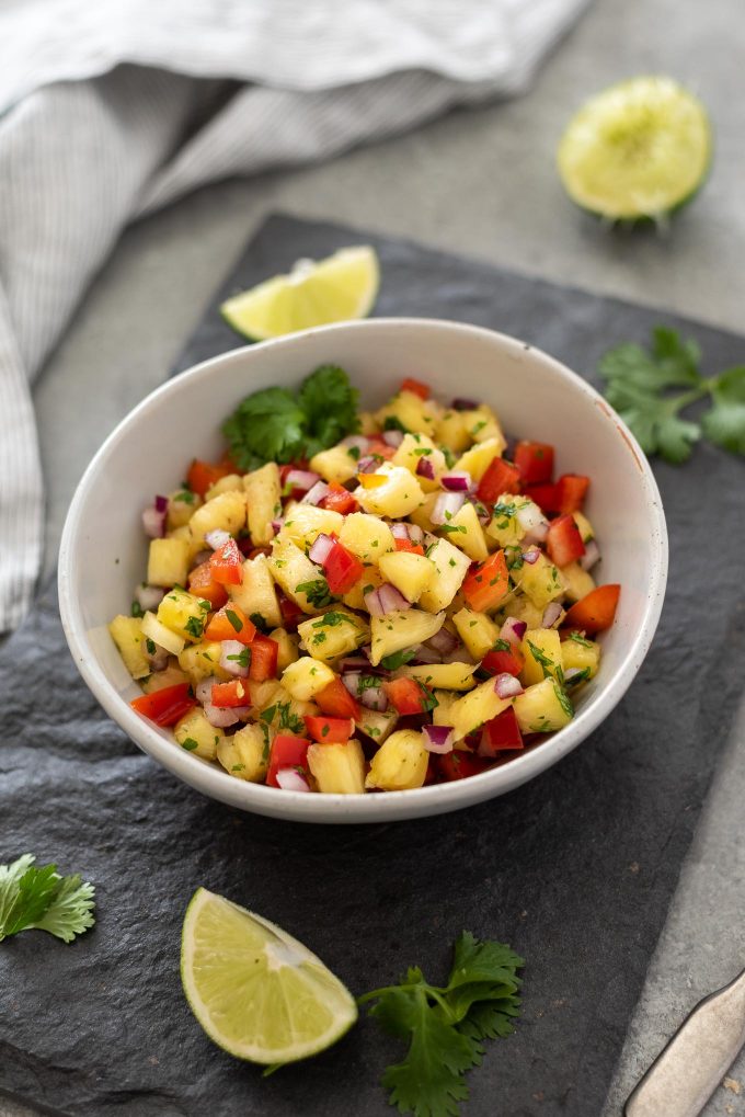 Pineapple salsa in a white bowl