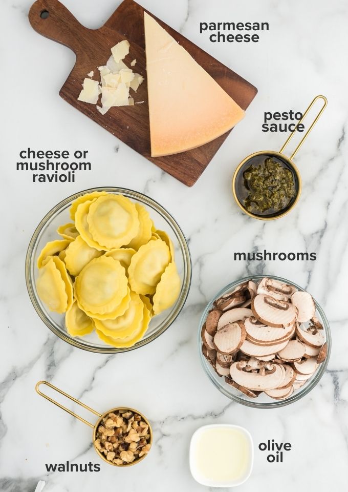 Mushroom ravioli with pesto ingredients