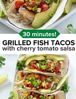 Grilled fish tacos with cherry tomato salsa long collage pin