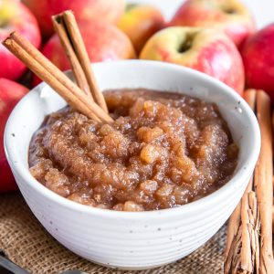 Homemade applesauce in a white bowl with cinnamon sticks