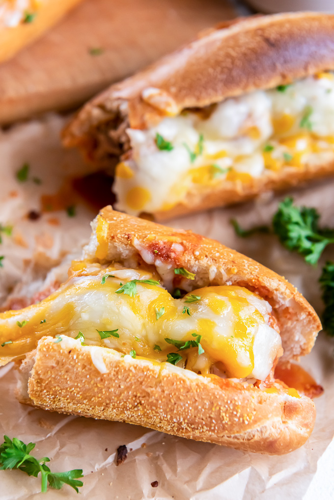 Meatball sub with cheese pulling