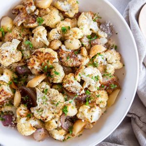 Roasted cauliflower in a white bowl