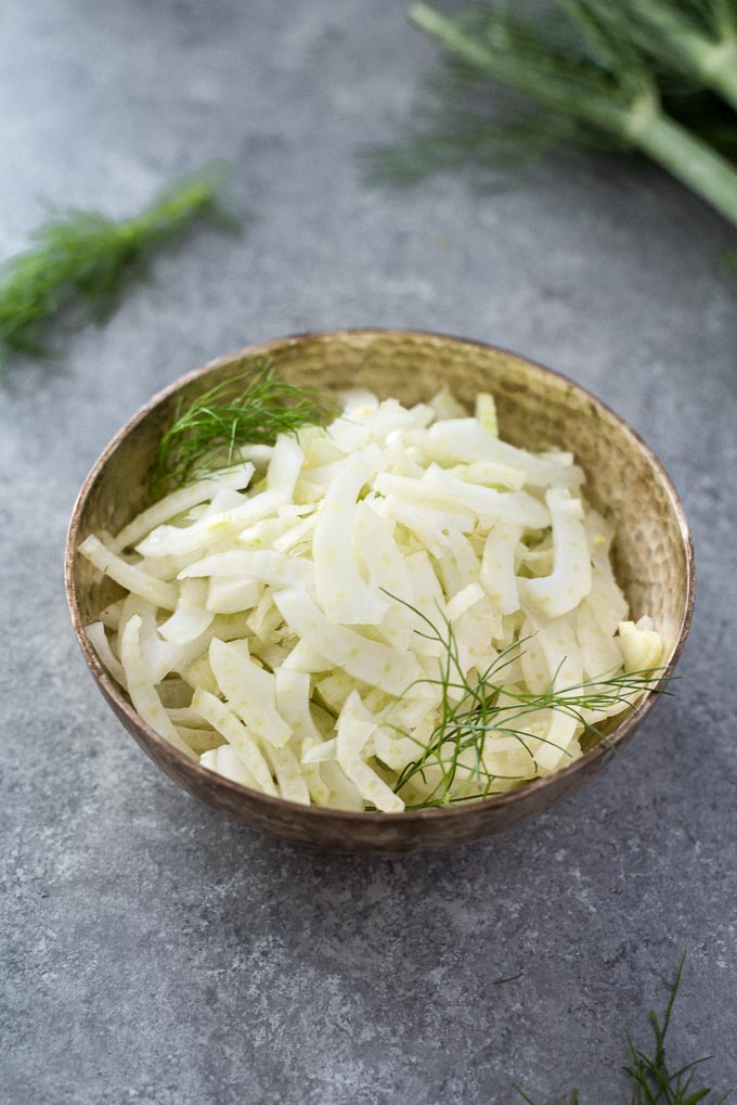 Sliced fennel in a bowl
