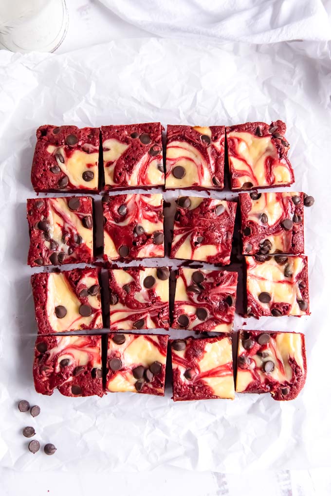 Red velvet brownies cut into squares