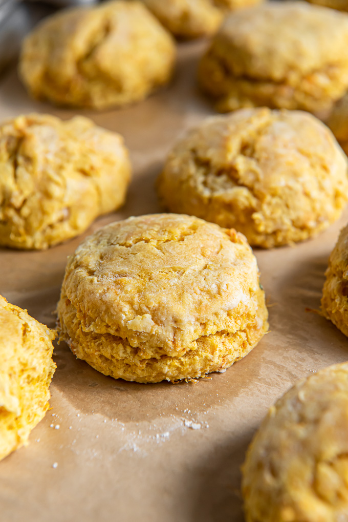 Sweet potato biscuits on a parchment lined baking sheet